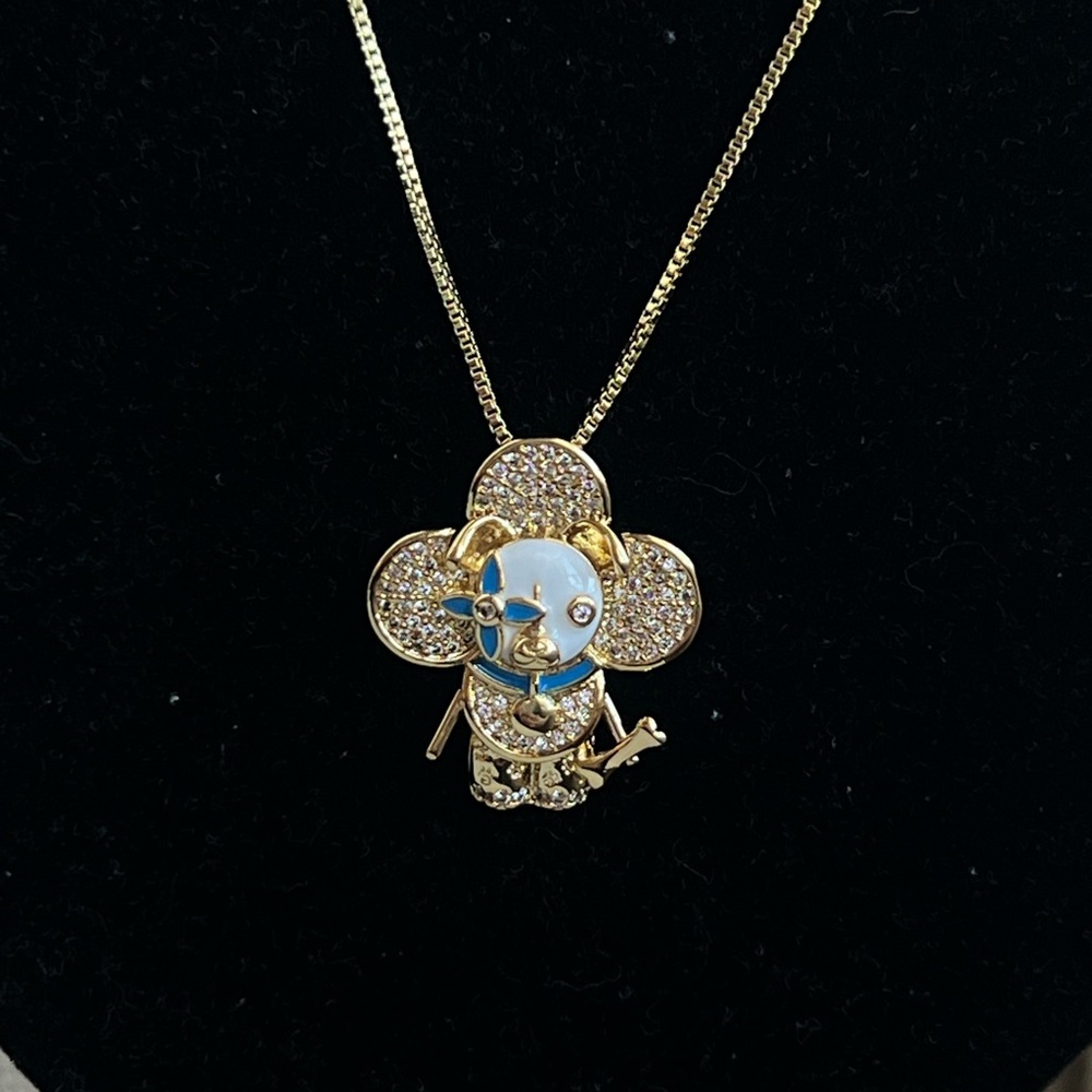 🩷-Gold, blue and white pavé floral dog and bone Pendant Necklace - Picture 2 of 2